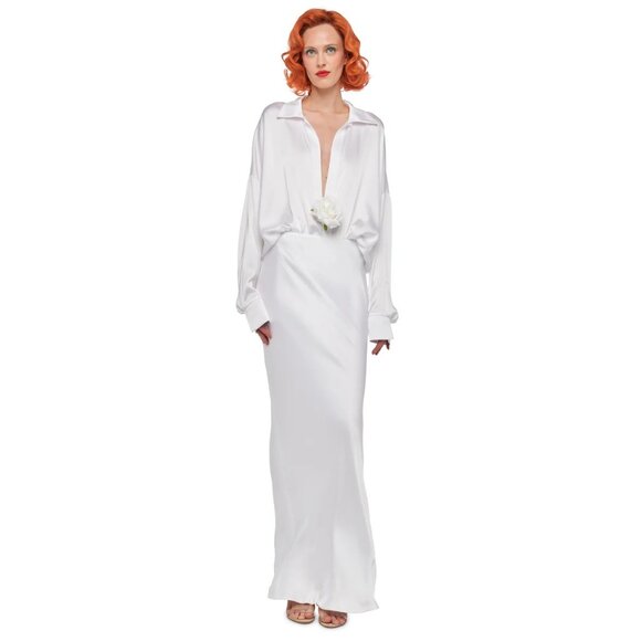 Norma Kamali Bias Obie Skirt in Snow White Small New Womens Satin Long Maxi - Picture 14 of 16